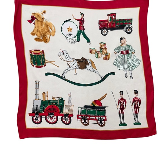 Echo Accessories - Vintage Echo Silk Scarf Christmas Toys Train Teddy Bear Rocking Horse Red Border